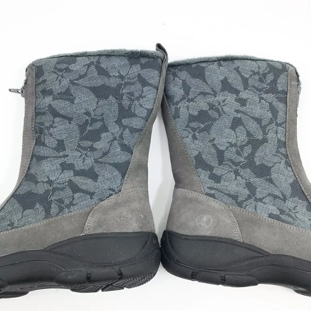 Land’s End Gray Suede Floral Canvas Front Zip Faux Fur Lined Thermolite Boot NEW